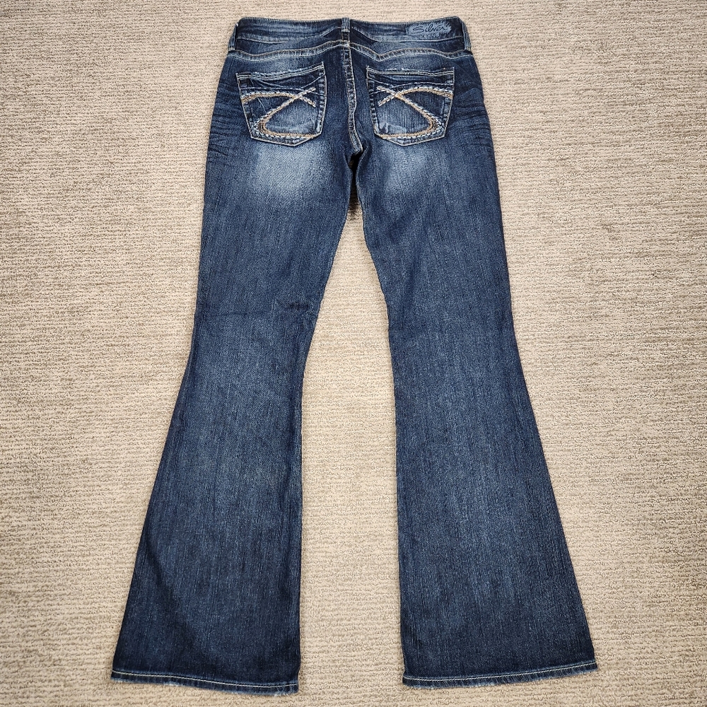 Silver Jeans Eden Flare Distressed Womens 28x33 Dark Ripped Embroidered Denim